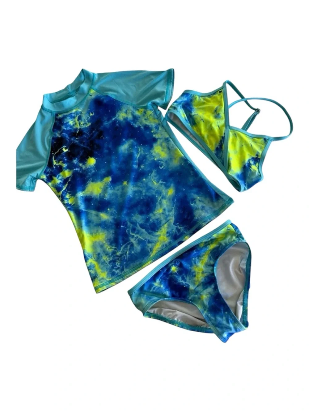 LANDS END Kids Blue & Yellow Tie-Dye Rash Guard Swim 3 Pc Set - 8S